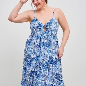 SWEETHEART NECKLINE LANDSCAPE PAINTING KNOTTED SHIRRED CAMI MIDI DRESS NWT